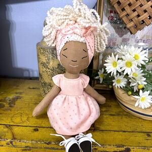 Harperiman Calli Handmade Linen Doll  Of Color Plush 14” Brown Skin Blonde Hair